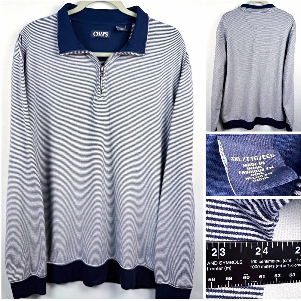 Chaps Men's XXL Quarter Zip Pullover Navy White Striped Long Sleeve Casual